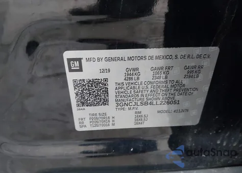 2020 Chevrolet Trax Fwd Lt из США, поврежденный, VIN 3GNCJLSB4LL226051